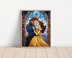 a disney princess and prince kissing in front of a stained glass window with wood flooring