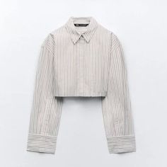 Nwt Zara Striped Crop Shirt Brown / White Chic White Cropped Shirt For Office, Chic White Cropped Shirt For Work, Elegant White Button-up Cropped Shirt, White Fitted Cropped Shirt For Fall, White Cropped Shirt For Spring, White Cotton Cropped Shirt For Spring, Classic White Cotton Cropped Shirt, White Button-up Tops For Fall, White Button-up Cropped Shirt For Fall