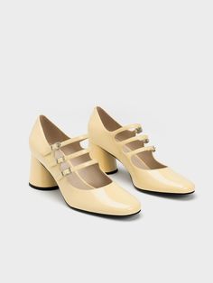 Yellow Buckled Cylindrical Heel Mary Janes Yellow Mary Janes, Yellow Wedding Shoes, Mary Jane Outfit, Mary Janes Outfit, Charles And Keith Shoes, Heel Mary Janes, Pastel Shoes, Patent Shoes, Fancy Shoes