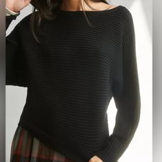 Anthropologie Women's Black Ribbed Boat Neck Crop Sweater With All In One Long Sleeve. Black Color, Stretchy Ribbed Knit Fabric, Wide Boat Neck, Can Be Worn Off The Shoulder, Super Soft, Cozy, Comfy Sweater. Nwt. Measurements Approximate. Arm To Arm 24" Top To Bottom 20" Sleeve 23.5" ( Neck To Cuff) Cuff 4.25" 52% Viscose, 28% Polyester, 20%Nylon. Draped Sweater, Camel Sweaters, Comfy Sweater, Large Sweaters, Small Sweater, Off Shoulder Sweater, Cold Shoulder Sweater, Boatneck Sweater, Crop Sweater