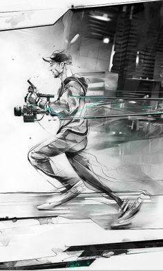 black and white drawing of a man running with a fishing rod in his hand while wearing a baseball cap