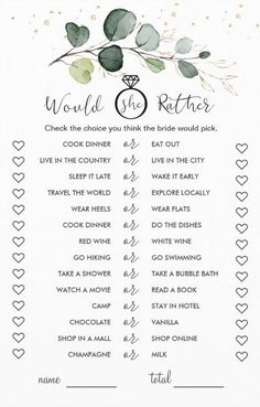 a wedding checklist with hearts and greenery