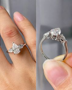 two different views of an engagement ring with three pear shaped diamonds on the top and bottom