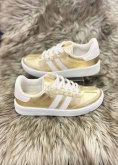 These flat sneakers with soft, memory foam insoles have the full gold touch you're looking for! Cheap Casual Gold Sneakers, Casual Gold Sneakers Cheap, Gold Sports Sneakers With Rubber Sole, Gold Low-top Sporty Sneakers, Gold Synthetic Sporty Sneakers, Casual Tennis Shoes, Gold Touch, Flat Sneakers, Touch Of Gold