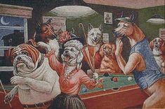 a painting of dogs playing pool with their owners