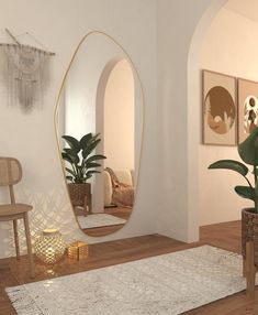 a living room filled with furniture and a large round mirror on the wall next to a potted plant