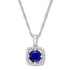 This contemporary necklace for her showcases a lab-created sapphire set in a frame of glittering round diamonds. Crafted of classic 10K white gold, the necklace has a total diamond weight of 1/10 carat. The 17-inch rope chain fastens with a spring ring clasp. Elegant Birthstone Necklace With Lab-created Sapphire, Elegant Lab-created Sapphire Birthstone Necklaces, Sapphire Necklace With Diamond Accents And Round Cut, Elegant Birthstone Necklaces With Lab-created Sapphire, White Gold Necklace With Birthstone And Lab-created Sapphire, Sapphire Diamond-cut Diamond Necklace, White Gold Necklace With Lab-created Sapphire Birthstone, Anniversary Necklace With Lab-created Sapphire Birthstone, Sapphire Diamond Necklace With Diamond Cut