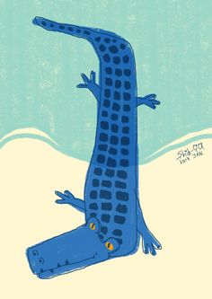 an illustration of a blue alligator on the beach