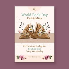 an open book with flowers on it and the words world book day celebration