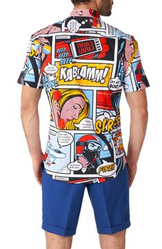 Pop-art cartoons bring color and excitement to a shirt made of crisp, cool cotton with a touch of stretch to keep you turning pages. 26 1/2" length; 43" chest (size Medium) Spread collar Short sleeves 97% cotton, 3% spandex Machine wash, line dry Imported Red Graphic Print Button-up Top, Summer Pop Culture Cotton Shirt, Summer Pop Culture Graphic Print Shirt, Novelty Cartoon Print Summer Tops, Novelty Summer Tops With Cartoon Print, Retro Cotton Tops With Graffiti Print, Summer Novelty Tops With Cartoon Print, Short Sleeve Shirt With Graphic Print For Pop Culture, Casual Fitted Shirt With Funny Print