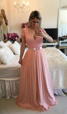 Short Sleeve Prom Dresses, Prom Dresses Long Pink, Prom Dress Long, Prom Dresses 2017, Cute Prom Dresses, Long Prom Dresses, Pink Prom Dresses, Tulle Prom Dress, Chiffon Prom Dress