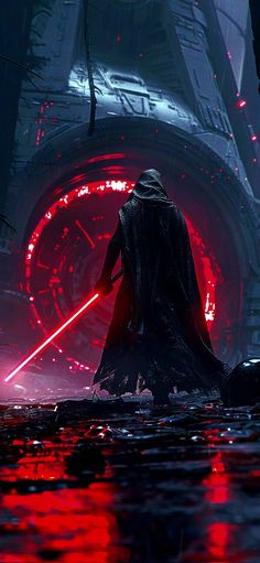 darth vader standing in front of a clock with red light coming from it