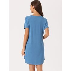 This soft fabric and breathable lounge dress for women is constructed of 95% Polyester and 5% Spandex fabric, comfy, moisture-wicking, breathable, and skin friendly. Featuring round neck, two pockets and short sleeves design, makes you feel cozy all night, enjoy a comfortable sleep and sweet dream. Great for loungewear, nightwear, sleepwear, home bedroom, and daily wear. No matter the cozy bedtime, casual home relaxation, laze afternoon, or comfy bath, the soft and lightweight nightdress could a Casual Crew Neck Summer Nightgown, Summer Cotton Nightgown With Crew Neck, Summer Cotton Crew Neck Nightgown, Comfortable Blue Sleepwear With Relaxed Fit, Summer Crew Neck Nightgown For Loungewear, Light Blue Casual Sleepwear For Sleepover, Casual Light Blue Sleepwear For Sleepovers, Casual Light Blue Sleepwear, Light Blue Casual Sleepwear