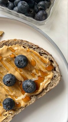 a sandwich with peanut butter and blueberries on it