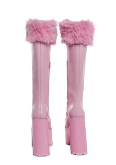 cuz you always know how to charm! These knee high platform boots have a vegan leather construction with faux fur trim, chunky block heels, extra long adjustable laces with tonal D-ring hardware, and side zip closures. Pink Knee-high Heeled Boots For Winter, Party Boots With Faux Fur Lining, Pink Platform Boots For Winter, High Platform Boots, Coquette Clothing, Outfit Boards, Knee High Platform Boots, Bday Wishlist, Pink Platform