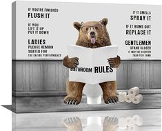 a bear sitting on top of a toilet reading a book with the words bathroom rules above it