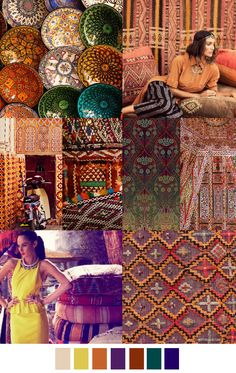 a collage of different colors and patterns with a woman standing in front of them