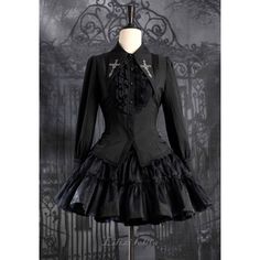 A gothic blouse that looks like an aristocratic lady from medieval Europe. Her collar has a cross sword embroidered on it, the back is laced, and the chest is decorated with a statement frill. She is a mysterious young lady with a gorgeous aura. 
 
 

 

 
 
 
 Size 
 
 XS size 
 
 Length: 63cm 
 Bust: 84cm 
 Waist: 72cm 
 Sleeve length: 62cm 
 
 S size 
 
 Length: 64cm 
 Bust: 88cm 
 Waist: 76cm 
 Sleeve length: 62cm 
 
 M size 
 
 Length: 65cm 
 Bust: 92cm 
 Waist: 80cm 
 Sleeve length: 62.5cm Gothic Corset For Costume Party In Fall, Gothic Long Sleeve Tops For Costume Party, Fitted Gothic Tops, Gothic Formal Tops With Ruffles, Gothic Long Sleeve Corset For Costume Party, Gothic Black Top With Lace Collar, Gothic Victorian Long Sleeve Dress For Costume Party, Gothic Victorian Dress For Costume Party, Elegant Corset For Halloween And Alternative Fashion