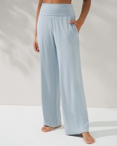 Why you’ll love it: A foldover waistband adds chic style and comfort to these super-soft pajama pants, perfect for lounging or a great night's sleep. Details Foldover waistband. 30" inseam. 95% modal, 5% spandex. Machine wash. Imported. Online Exclusive. Stretch Wide-leg Yoga Pants For Lounging, Wide-leg Yoga Pants With Pockets For Loungewear, Solid Color Wide Leg Sleepwear For Relaxation, Soft Sleepwear Long Pants For Relaxation, Solid Wide Leg Sleepwear For Spring, Solid Color Wide Leg Sleepwear For Spring, Solid Wide-leg Yoga Pants For Lounging, Comfortable Yoga Pants With Comfort Waistband, Comfortable Solid Bottoms For Pajama Party