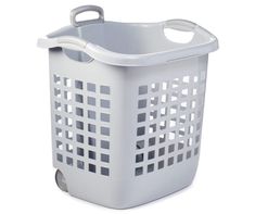 a white plastic laundry basket on wheels