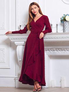 Burgundy Long Wrap Dress Bridesmaid Dress Cocktail Dress | Etsy Elegant V-neck Bridesmaid Dress For Prom, Fitted Long Sleeve Bridesmaid Dress For Prom, Chic V-neck Prom Gown, Party V-neck Chiffon Wrap Dress, Chic V-neck Evening Maxi Dress, Chic Flowy Wrap Maxi Dress, Elegant V-neck Midi Evening Dress, Elegant V-neck Midi Dress For Prom, Elegant Flowy V-neck Dress