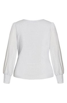 A shimmery knit fabric adds a pop of glamour to this surplice V-neck top framed by billowy long sleeves. 26" length (size X-Small) Surplice V-neck Long sleeves Lined 58% nylon, 34% metallic fibers, 8% elastane Hand wash, dry flat Imported Elegant V-neck Long Sleeve Top For Winter, Glamorous V-neck Winter Top, Chic Long Sleeve Glitter Tops, Chic Shimmer Top For Fall, Chic Shimmer Tops For Fall, Glamorous Long Sleeve Glitter Tops, Elegant Long Sleeve Top For Winter Party, Elegant Long Sleeve Party Top For Winter, Chic Metallic V-neck Top