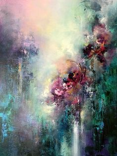 an abstract painting with flowers in it