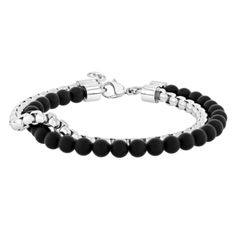 Stainless steel and matte black onyx bead 8.5 inch bracelet. Modern Black Bracelets With 8mm Beads, Modern Black Bracelet With 8mm Beads, Modern Black Round Bead Bracelets, Elegant Adjustable Matte Black Jewelry, Elegant Matte Black Adjustable Jewelry, Black Jewelry With Stainless Steel Clasp, Modern Black Beaded Bracelet, Modern Adjustable Onyx Bracelet, Modern Adjustable Black Beaded Jewelry