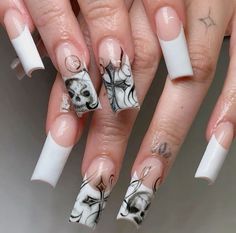 French Tip Black, Cross Nails, Skull Nails, White French Tip, Goth Nails, Nails Set, Really Cute Nails