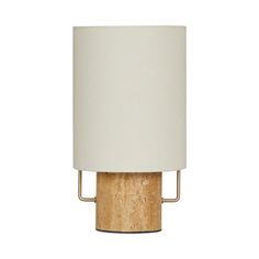 a table lamp with a white shade on the top and a wooden base, against a white background