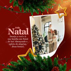 a christmas card with an image of a man and woman hugging in front of a christmas tree