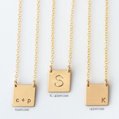 Our personalized square necklace comes in 14k gold fill or Sterling Silver! Customize with initials, symbols or leave blank for the perfect dainty necklace. Handmade with care and love, its the perfect gift for your wife, girlfriend, best friend or simply to treat yourself! *Listing is for ONE square bar necklace only ....................................... D E T A I L S • premium quality 12.7mm x 12.7mm bar (1/2 square) • 100% 14K gold fill or sterling silver......bar, chain, and find... Engraved Initial Necklace With Square Pendant As Gift, Square Pendant Necklace With Initials For Personalized Gift, Personalized Sterling Silver Initial Necklace With Square Pendant, Personalized Sterling Silver Square Pendant Initial Necklace, Gold Square Pendant Initial Necklace, Tarnish Resistant, Dainty Initial Necklace, Square Necklace, Gold Bar, Silver Bars