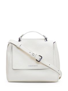 White grained leather handbag. 1 handle. Adjustable and removable shoulder strap. Zipper pocket and two interior flat pockets. Magnet and flap closure. Logo on front.Composition: Outside:, 100% Leather Lining:, 100% Leather Italian Accessories, White Handbag, Belt Design, Mini Tote, Gucci Shoes, Accessories Branding, White Bag, Bago, Leather Handbag