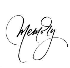 the word memory written in cursive writing on a white background with black ink