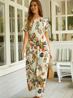 Yellow Floral Print Casual Round Neck Short Sleeve Maxi Dress Relaxed Fit Floral Print Vacation Dress, Floral Print Relaxed Fit Dress For Vacation, Relaxed Fit Floral Print Dress For Vacation, Casual Pleated Spring Dress, Casual Dresses For Garden Party, Casual Shift Maxi Dress For Spring, Casual Pleated Summer Dresses, Casual Fitted Pleated Maxi Dress, Casual Pleated Maxi Dress For Garden Party