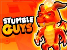 an orange and yellow cartoon character with the words stumble guys on it