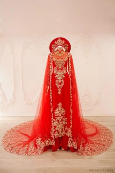 Red and Gold Ao Dai OverCoat | Traditional Vietnamese Bridal OverCoat Gold Ao Dai, Cheap Bridal Dresses, Bridal Cape