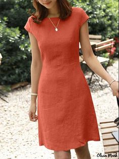 Olivia Mark - Round-Collared, Pure-Colored Cotton and Linen Dress with Hollowed-Out Back Elegant Summer Dresses, Jersey Pattern, Loose Midi Dress, Sundress Summer, Cotton Linen Dresses, Dress Sleeve Styles, Short Sleeve Maxi Dresses, Women Long Sleeve Dress, Round Neck Dresses