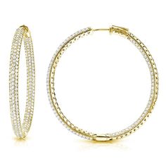 These show stopping hoop earrings showcase 460 round-cut sparkling white lab grown diamonds in pave setting rows of diamonds for a 7 carat tw. pair. These unique diamond hoop earrings are crafted of exquisite 14k Yellow gold and secure with Safe Lock clasps for easy wear. These large hoops will be sure to make a bold fashion statement measuring almost 2 in height. Black Diamond Pendant, Black Diamond Studs, Gold Diamond Hoop Earrings, Halo Diamond Earrings, Solitaire Diamond Pendant, Gold Earrings Wedding, Colored Diamond Rings, Safe Lock, Black Diamond Ring