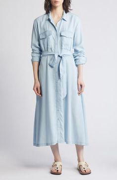 Timeless polish meets ultimate comfort in a button-front midi shirtdress cinched with a matching belt and cut from fresh, lightweight chambray. 47" length (size medium) Front button closure Spread collar Long sleeves with button cuffs Chest flap-patch pockets; side-seam pockets 100% Tencel® lyocell Tencel lyocell is a more-sustainably produced fiber made with closed-loop processing Machine wash, line dry Imported Spring Collared Shirt Dress With Roll-up Sleeves, Chic Spring Shirt Dress For Daywear, Spring Relaxed Fit Shirt Dress For Daywear, Daytime Midi Length Summer Shirt Dress, Spring Button-up Shirt Dress With Pockets, Spring Shirt Dress With Spread Collar, Classic Shirt Dress With Spread Collar For Spring, Spring Daywear Shirt Dress With Spread Collar, Spring Shirt Dress With Spread Collar For Daywear