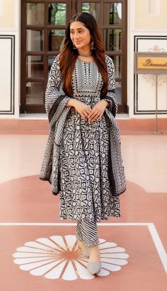 Black & White Viscose Printed & Embroidered Suit Set with Chanderi Cotton Dupatta Embroidered Suit, White Kurta, Cotton Dupatta, Anarkali Suit, Kurta With Pants, Indian Festivals, Suit Set, Womens Size Chart, Off Black