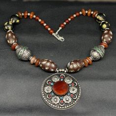 Vintage Beautiful Nepali Jewelry Tibetan Huge Necklace Old Carnelian Agate Brass | eBay Artisan Orange Beads, Gems, And Cabochons For Gifts, Brown Round Amulet Necklace, Brown Round Amulet Necklaces, Handmade Vintage Agate Beads, Gems, And Cabochons, Vintage Handmade Agate Beads, Gems, And Cabochons, Handmade Vintage Agate Beads, Artisan Carnelian Jewelry For Collectors, Artisan Carnelian Jewelry Collectible, Vintage Carnelian Necklace As Gift