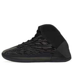 The adidas Yeezy Quantum 'Onyx' is a basketball-inspired mid-top sneaker that deliver a shadowy colorway. The upper is made of mono mesh with embroidered detailing and a synthetic suede toe cap. It also has a neoprene collar for stretchy support, and reflective heel paneling for added visibility in low-light conditions. The full-length Boost midsole is enveloped in a semi-translucent TPU cage for responsive cushioning, and the herringbone-tread rubber outsole provides grippy traction. (SNKR/Unisex/Non-Slip/High Top/Basketball/Shock-absorbing) Textured Sole Lace-up Basketball Shoes For Streetwear, Adidas Running Shoes With Boost Midsole For Streetwear, Adidas Custom Sneakers With Translucent Outsole For Streetwear, Adidas Custom Sneakers For Streetwear With Translucent Outsole, Mid-top Basketball Shoes With Translucent Outsole For Streetwear, Streetwear Basketball Shoes With Boost Midsole And Round Toe, Mesh Basketball Shoes For Streetwear, Mesh High-top Sneakers With Textured Sole For Streetwear, High-top Basketball Shoes For Streetwear With Boost Midsole