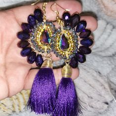 Nwot Earrings Handmade From Artesanos Of Guadalajara Jalisco Beautiful Purple Crystal Beads And Stones With Tassel Purple Dangle Tassel Jewelry, Purple Dangle Jewelry With Tassels, Bohemian Purple Festival Earrings, Bohemian Purple Jewelry For Festive Occasions, Traditional Purple Beaded Earrings For Festivals, Adjustable Tassel Jewelry For Festivals, Bohemian Beaded Danglers For Festive Occasions, Bohemian Party Jewelry With Ear Wire, Purple Teardrop Bohemian Earrings