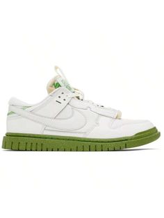 Nike 
White & Green Air Dunk Low Jumbo Sneakers 
Low-top paneled canvas and grained faux-leather sneakers in white and green. 
. Lace-up closure 
. Webbing pull-loop at padded tongue 
. Raw edge and logo flag at tongue 
. Padded collar 
. Swoosh appliqué at sides 
. Mesh lining 
. Foam rubber midsole 
. Treaded rubber sole 
. Additional laces in green included 
Please note that this item may be shipped only within North America. 
Supplier color: Phantom/Phantom/Chlorophyll 
Upper: synthetic, tex Green Low-top Sneakers For Streetwear, Green Low-top Sneakers With Boost Midsole, Green Platform Sneakers For Sports With Rubber Sole, Green Platform Sneakers With Rubber Sole For Sports, Green Low-top Sneakers, Green Athleisure Sneakers For Streetwear, Green High-top Sneakers Athleisure, Green High-top Athleisure Sneakers, Lace-up Green Sneakers For Light Sports