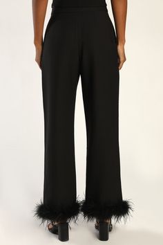 The Lulus Flair for the Fabulous Black Feather Straight Leg Pants are a fun twist on the classic dress pant silhouette! These lightweight woven pants boast a banded waist with a high-rise fit and a hidden top clasp with a hidden zip fly. Side seam pockets accent figure-skimming, straight pant legs before falling to feather-trimmed hems. Pair with the matching top for a complete look! Fit: This garment fits true to size. Length: Ankle length. Size medium Inseam: 27.75 Front Rise: 10.75 Waist: Fit Elegant Party Bottoms With Feather Trim, Evening Pants With Belt Loops For Spring, Chic Feathered Bottoms For Evening, Chic Evening Bottoms With Feathers, Spring Party Bottoms With Feathers, Chic Feather Trim Bottoms For Night Out, Ankle-length Party Pants With Belt Loops, Elegant Spring Bottoms With Feather Trim, Party Ankle-length Pants With Belt Loops