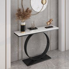 a console table with a clock on the wall behind it