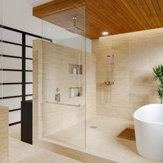 a bathroom with a tub, shower and wooden ceiling