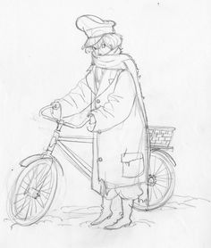 a drawing of a person standing next to a bike with a basket on the back