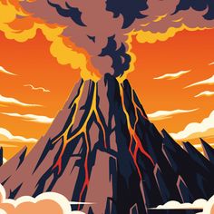 an illustration of a volcano erupting lava into the sky with clouds around it